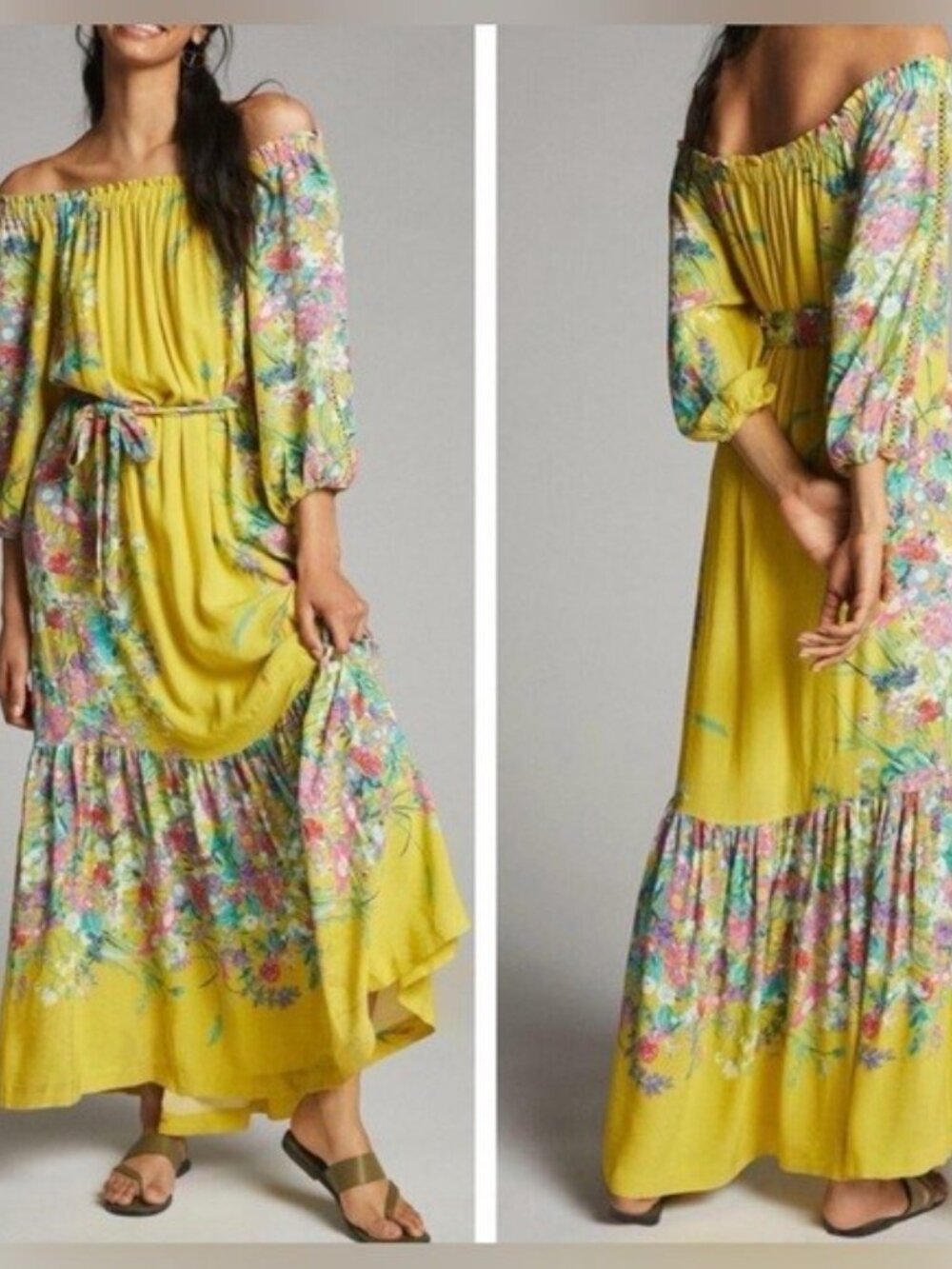 Anthropologie Eliora Off-The-Shoulder maxi dress in yellow floral print